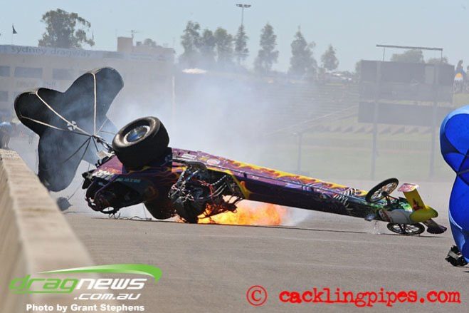 Zachary Peirano was lucky to walk away unharmed from a 290kmh crash at Sydney Dragway over the weekend in his supercharged V8 dragster. Peirano had just crossed the finish line and released his parachutes when some oil got underneath the tyres and sent his dragster on a wild ride. 