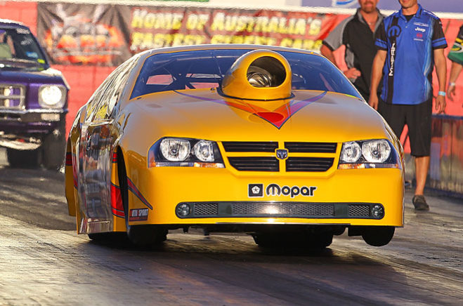 Wayne Daley could be a threat in the Australian Pro Stock Championship this season with the Diamond T Products team producing big numbers in testing. Daley recorded a personal best 7.04 from the Mopar, with the one-meeting old Rick Watters Racing Engine proving its worth in the horsepower department.