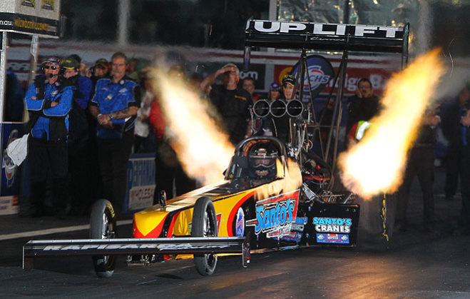 Santo Rapisarda has again shown massive commitment to Australian drag racing with a plan for his Top Fuel team to compete in Australia on the free weekend between the last two NHRA event of the season in the USA. With the 2012 Australian Nationals just around the corner, the Titan Cranes team will go in as favourites, having won the event last year with Cory McClenathan driving and also winning the season-ending Fuchs Winternationals in June with Allan Dobson at the wheel.