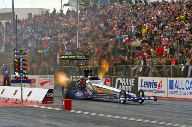 The Fuchs LTFR Top Fuel dragster opened the 2012/13 ANDRA championship season in style with a runner-up trophy and a new track record at Adelaide International Raceway on Saturday. After topping the qualifying sheets with a 4.33-second pass, Lamattina made his way to the final to face off against last season’s champion, Darren Morgan.
