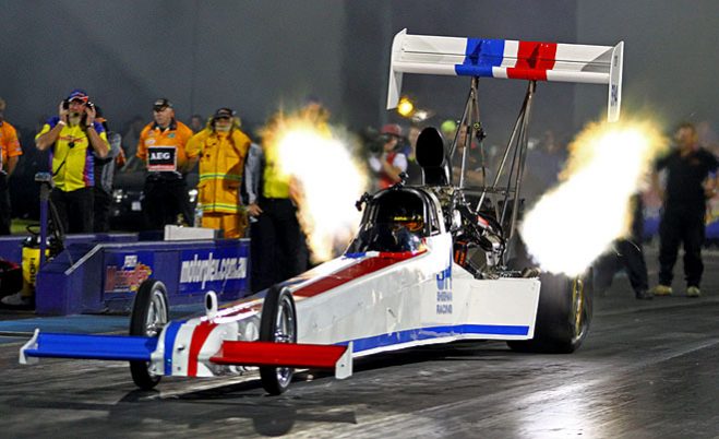 Mark Sheehan put a stop to Darren Morgan’s winning streak on Saturday night at Perth Motorplex, taking victory in spectacular fashion in the third round of the ANDRA Top Fuel championship. Sheehan defeated Morgan in the opening round and then went on to eliminate Phil Lamattina, who remains winless this season despite three straight finals appearances in the Fuchs dragster.