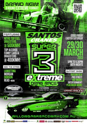 Top Fuel and Top Alcohol both add two more championship rounds to their tally when the Santo’s Cranes Super 3 Extreme Drag Race hits Willowbank Raceway in March 29 and 30. For Top Fuel it marks rounds six and seven of the championship and is the second time they have run the ‘double header’ championship format, following its successful debut at Perth Motorplex in February.