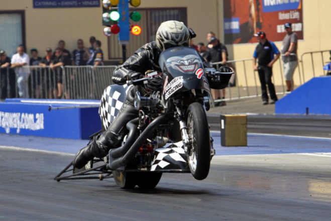 Sydney Top Bike rider Chris Porter is fully engaged in nitro warfare with drag strip rival Chris Matheson as the season reaches its mid-point at the 2013 Nitro Champs at Sydney Dragway on May 3-5.